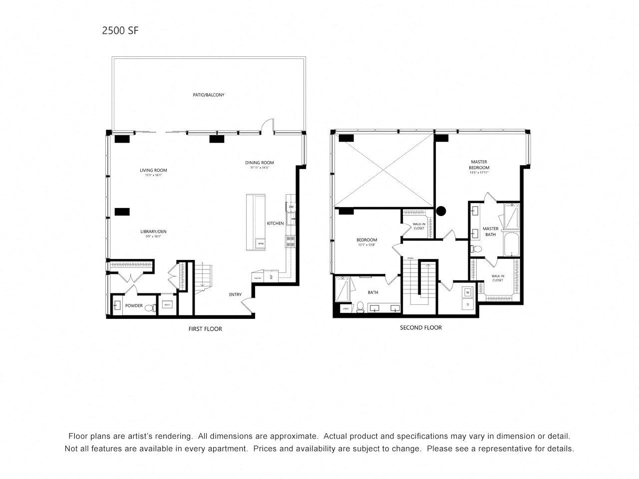 Floor plan for 2 beds, 2.5 baths, 2500 sqft